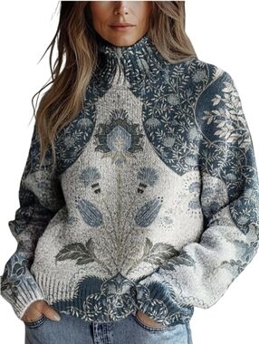 Women's Vintage Art Ethnic Flower Print Knit Turtleneck Pullover Sweater